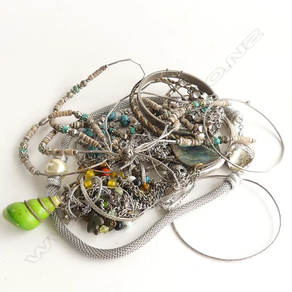 BAG ASST SILVER TONE COSTUME JEWELLERY; NECKLACES; BANGLES ETC.. Image 1++