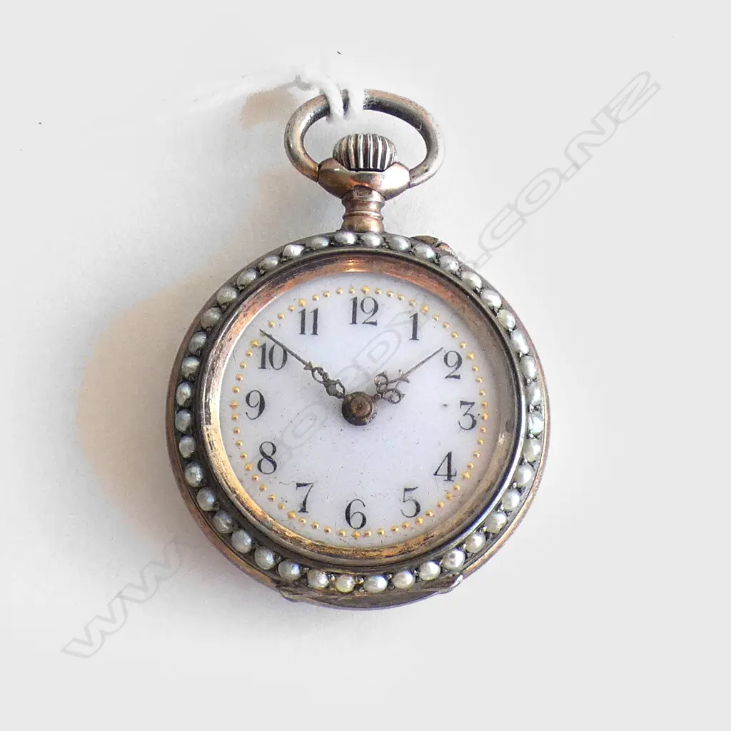 C1900 SILVER GILT & SEED PEARL LADIES FOB WATCH Image 1++