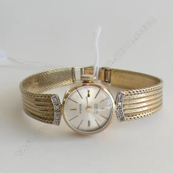 C1960's 'ANKER' 14K GOLD LADIES WATCH & STRAP W DIAMONDS. 17gms without movement