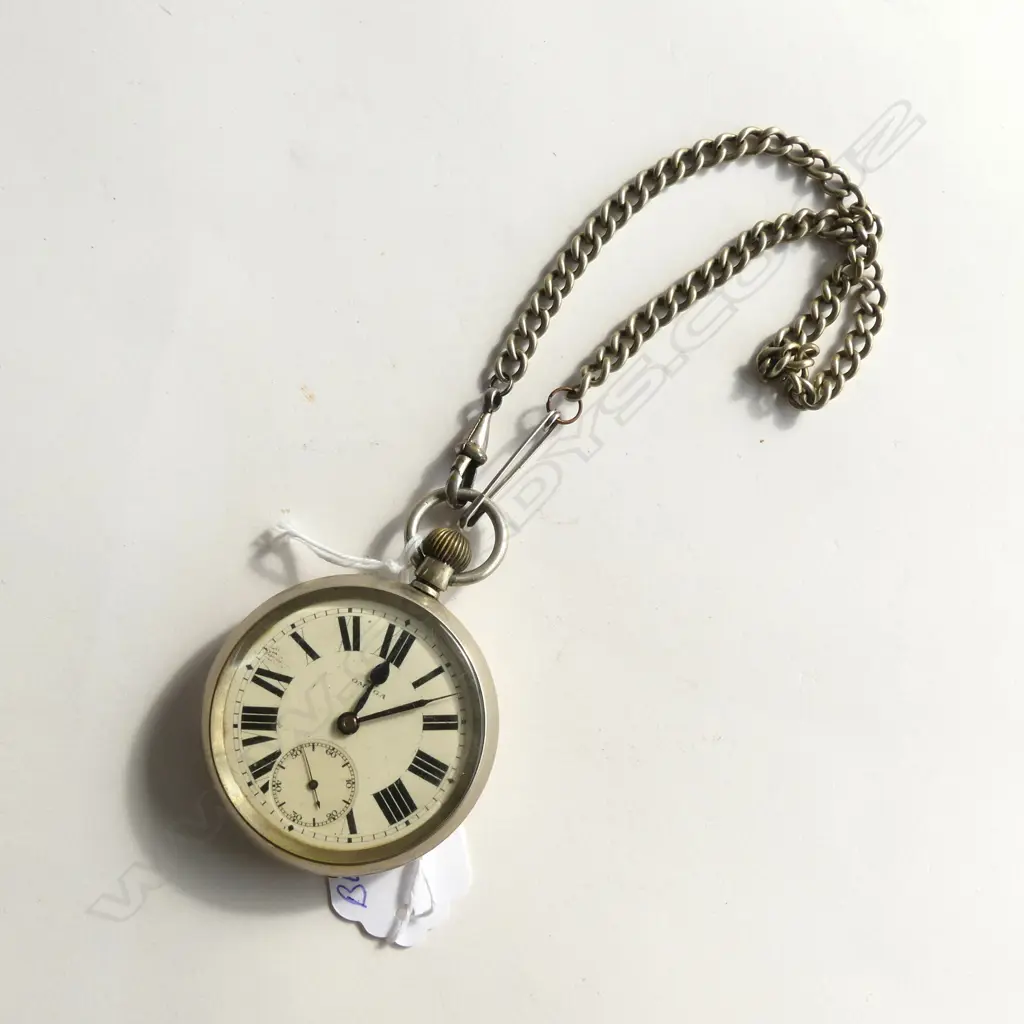 OMEGA POCKET WATCH NICKLE CASE W SILVER CHAIN Image 1++