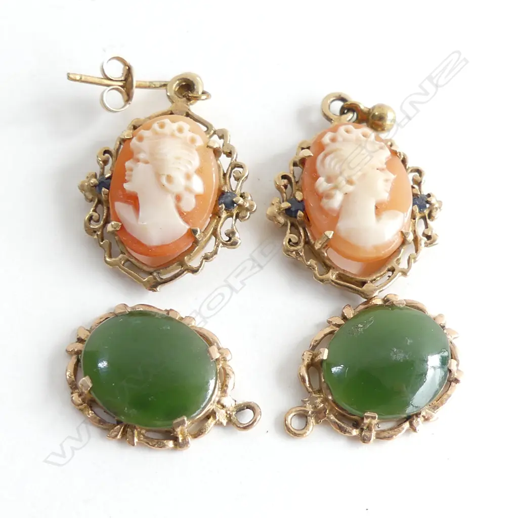 2 PRS 9CT EARRINGS HOOKS REQUIRED POUNAMU & CAMEO Image 1++