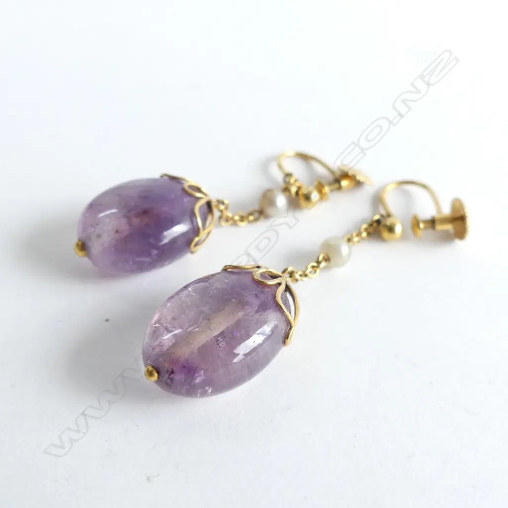 PR VINTAGE 9CT AMETHYST & PEARL PENDANT EARRINGS 1 SCREW FITTING BENT Image 1++