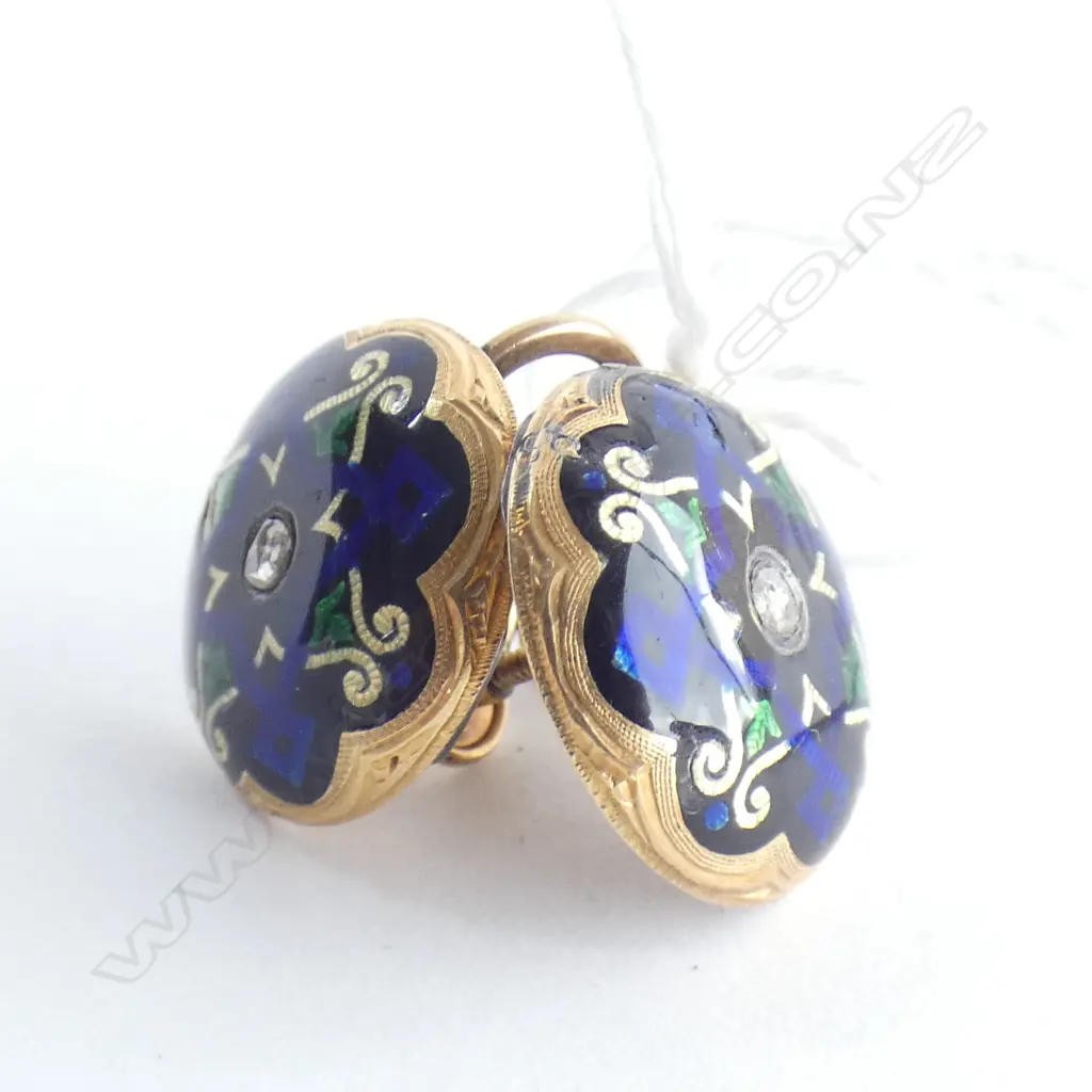 PR ANTIQUE GOLD? ENAMEL & DIAMOND SET EARRINGS SCREW FITTINGS Image 1++