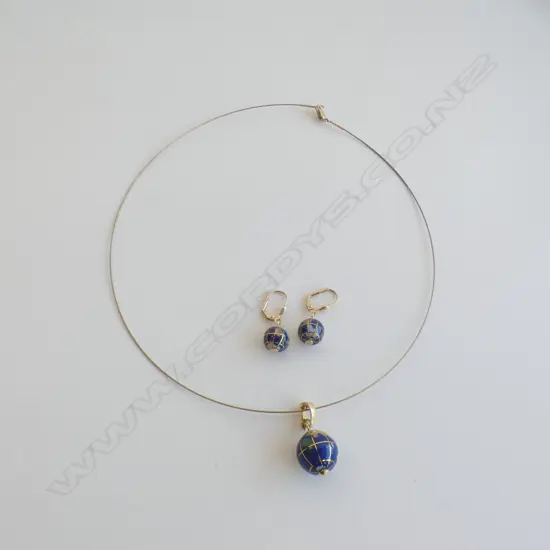 14CT BLUE WORLD GLOBE PENDANT + EARRINGS ON 9CT Y/WG WIRE NECKLACE