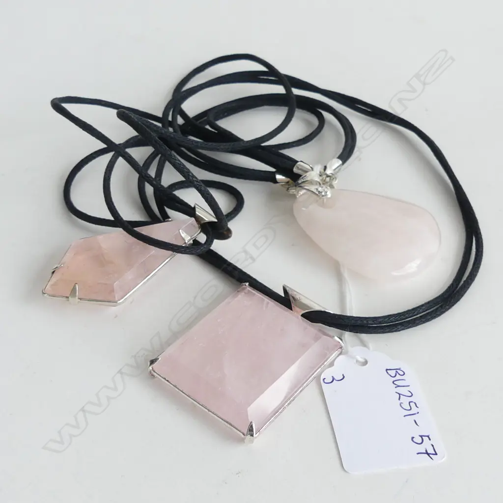 3 LG ROSE QUARTZ PENDANTS, 2 WITH BLACK CORDS  Image 1++