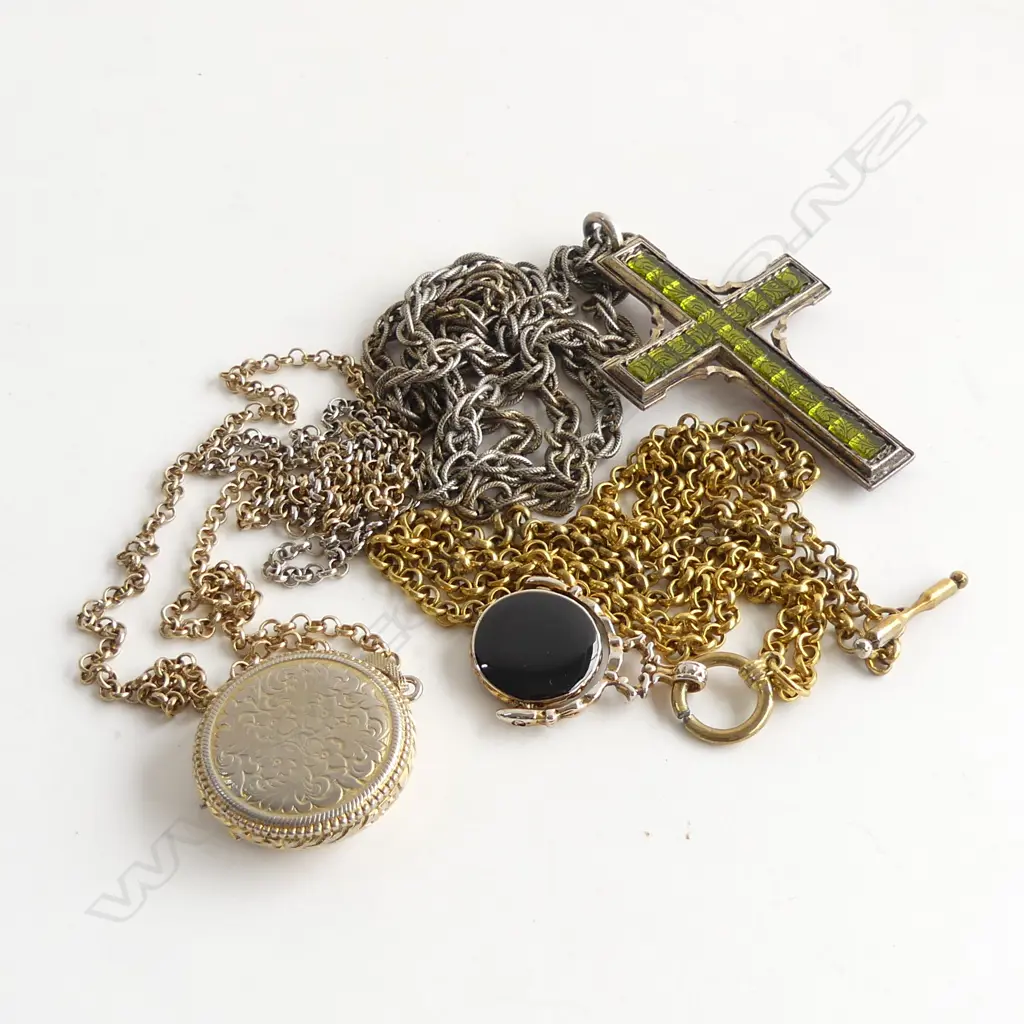 3 COSTUME JEWELLERY NECKLACES;  2-SIDED ENAMEL CROSS PENDANT, ONYX STYLE SPINNER PENDANT & CASED WATCH PENDANT Image 1++