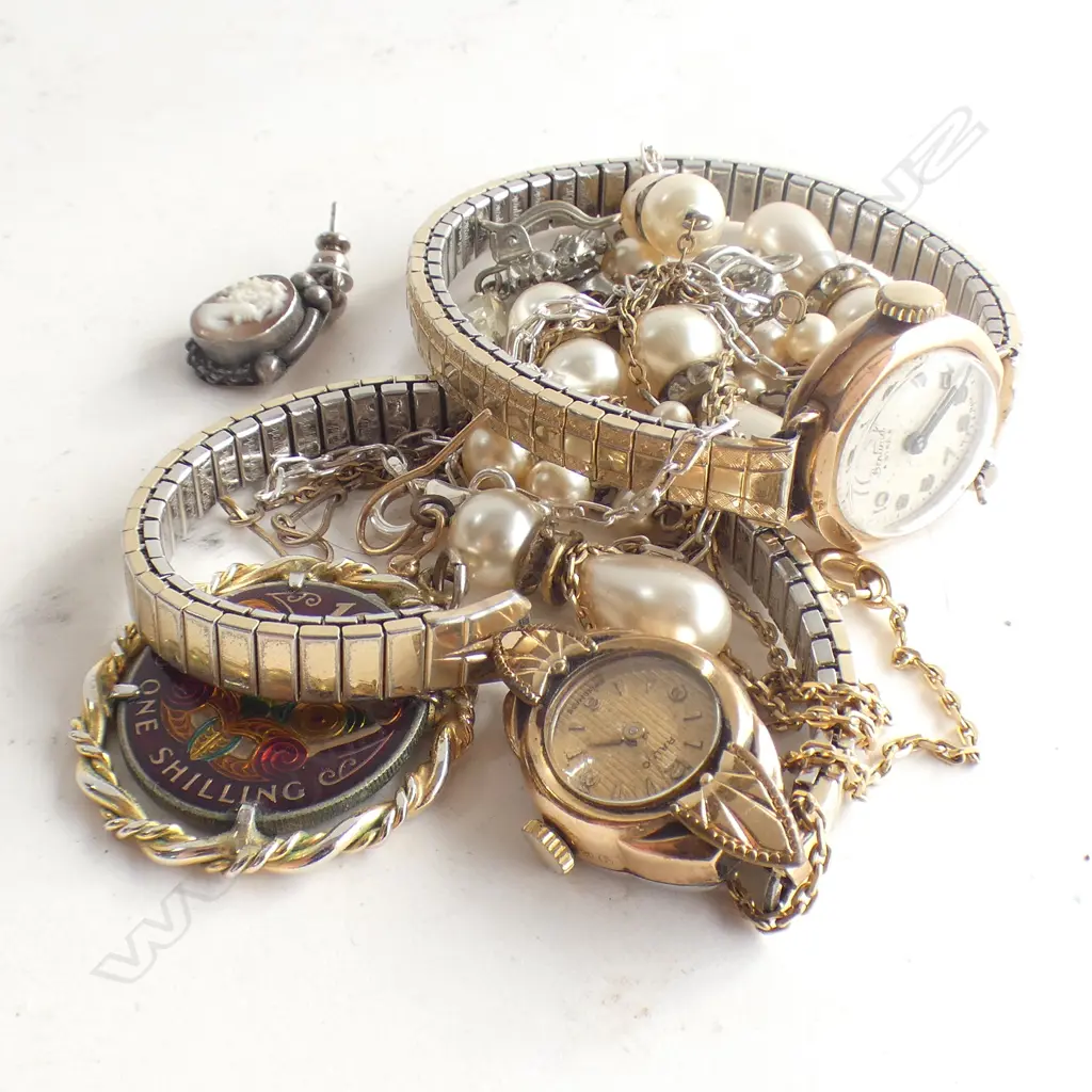 8CT CHAIN 3 GRAMS + ASST. COSTUME JEWELLERY; 2 WATCHES + PR STG CAMEO EARRINGS, STG NECKLACE ETC Image 1++