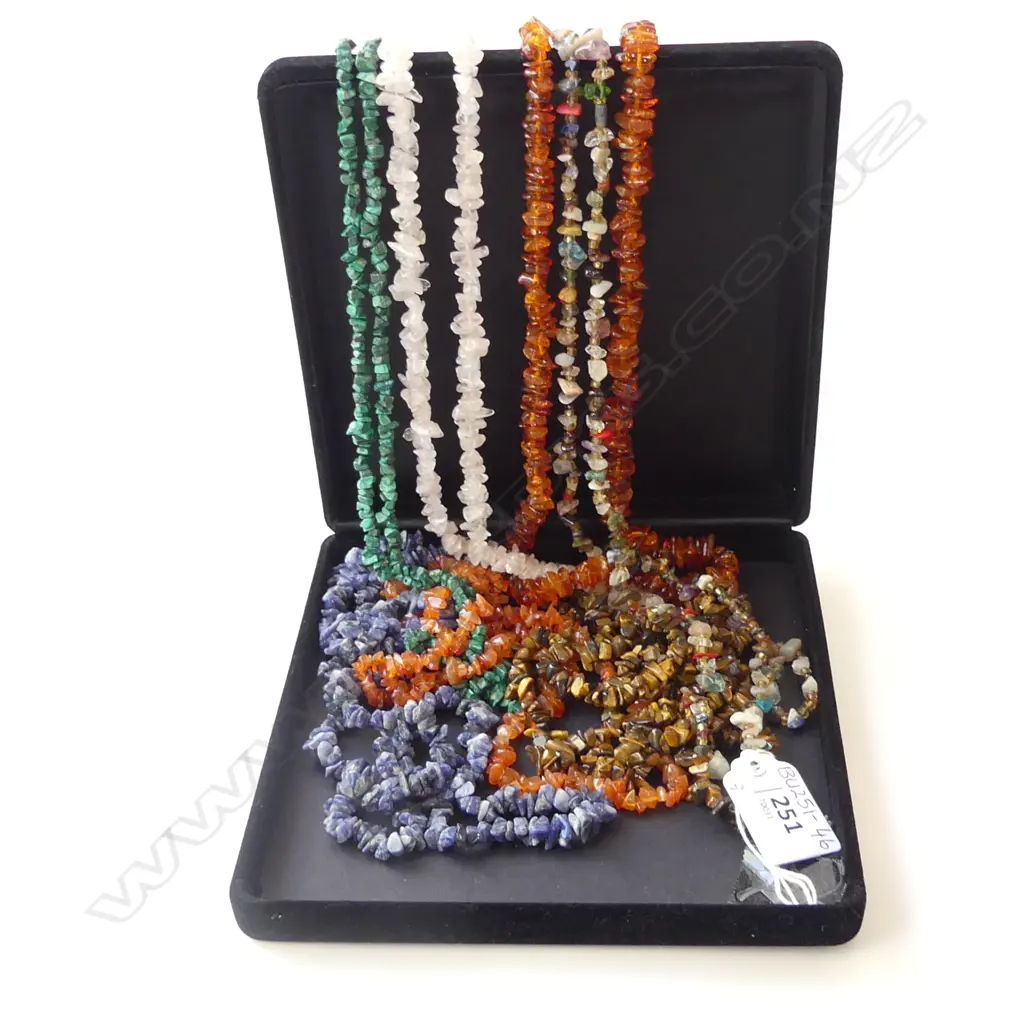 7 ASST STONE CHIP BEAD NECKLACES; PINK QUARTZ, AMBER ETC.. Image 1++