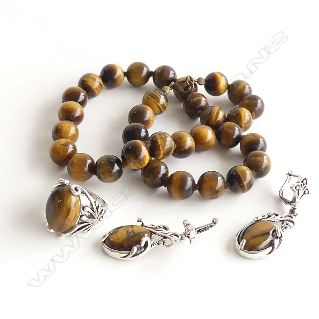 TIGERS EYE BEAD NECKLACE & 925 SILVER SET RING & DROP EARRINGS Image 1++
