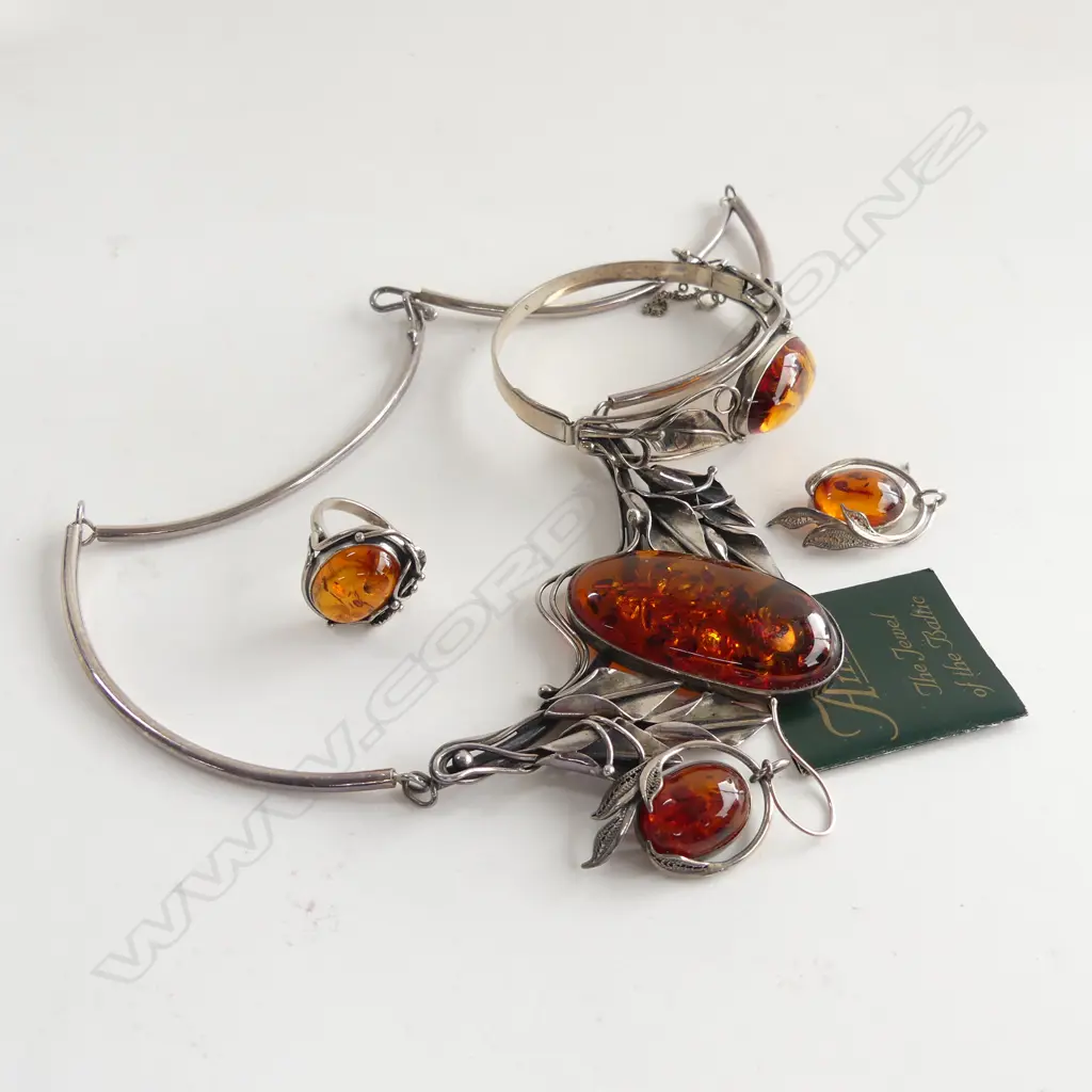 BALTIC AMBER & 925 SILVER 4 PC SET; RING, PR EARRINGS, BRACELET & NECKLACE  Image 1++