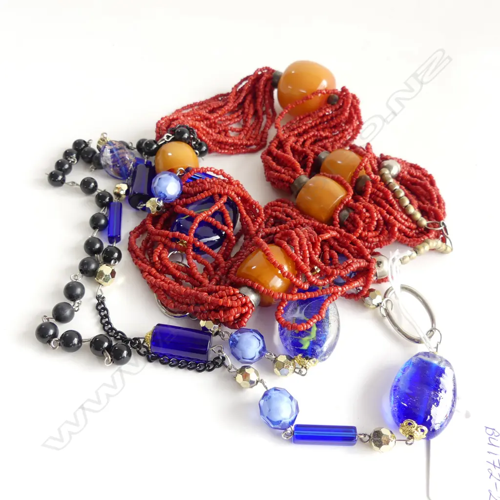 2 NECKLACES; ONE ASST BLUE GLASS BEADS & CHAIN, & ONE MULTI STRAND SM BEADS WITH LARGE NATURAL STONES Image 1++