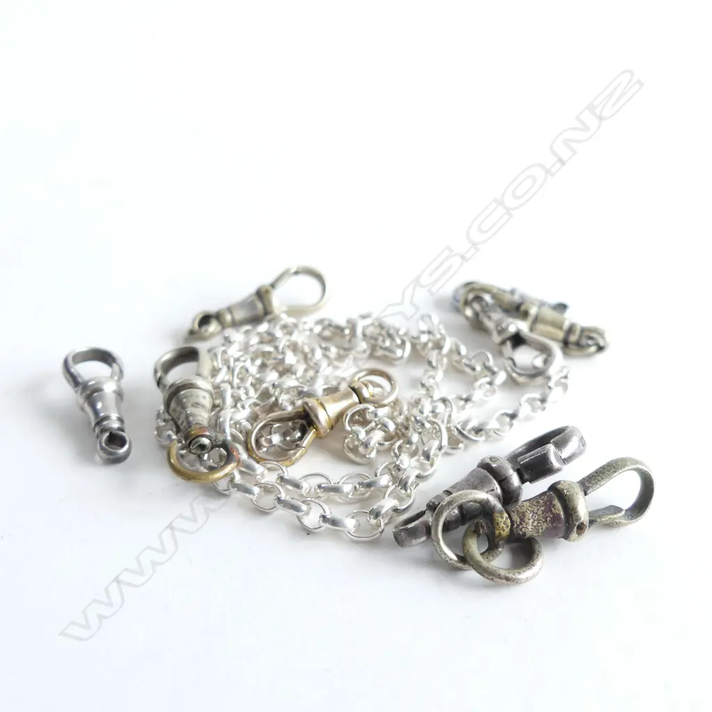 9 ANTIQUE FOB CHAIN CLIPS SILVER ETC + MODERN SILVER CHAIN Image 1++