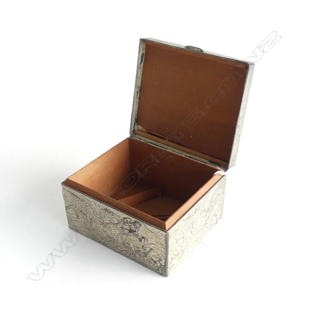 CIGARETTE BOX EMBOSSED WITH DRAGONS AF SOME DAMAGE TO WOOD INSIDE Image 1++