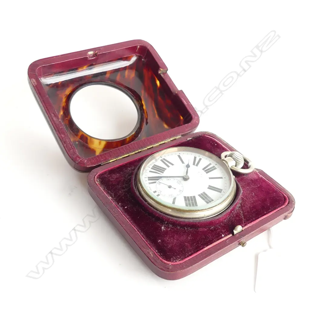 EARLY 20THC SWISS LGE POCKET WATCH OPEN FACE IN TRAVEL CASE LEATHER Image 1++