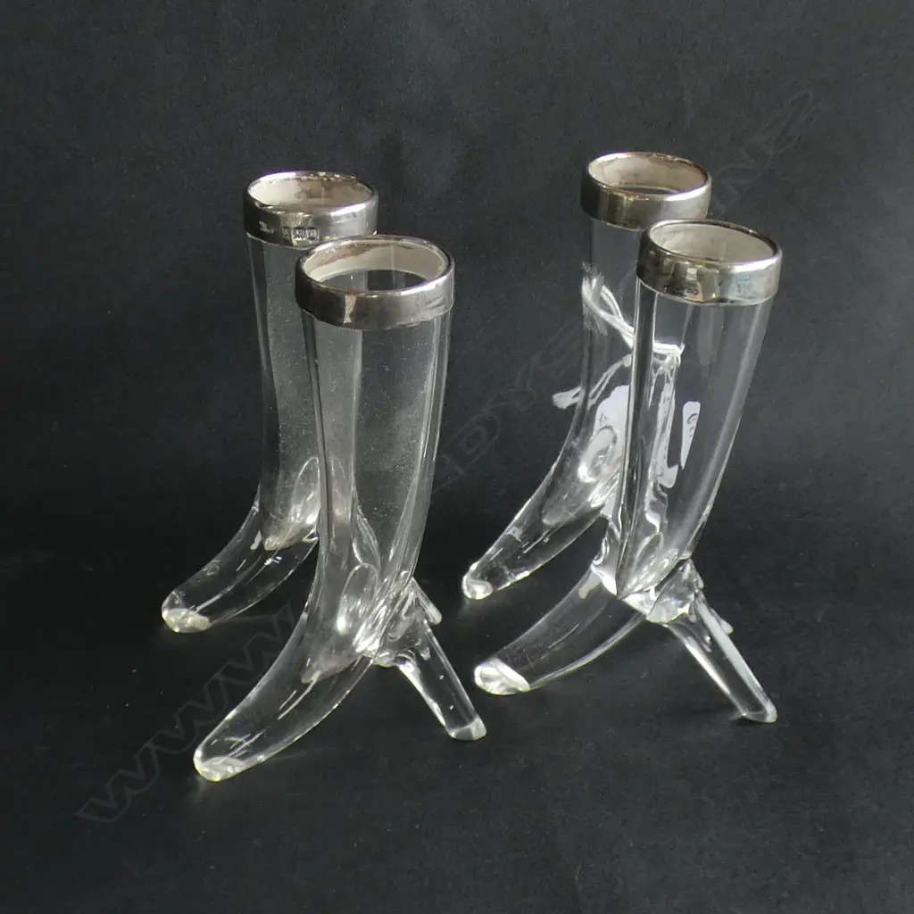 SET 4 SILVER TOPPED 1902 GLASS CURVED SMALL VASES Image 1++
