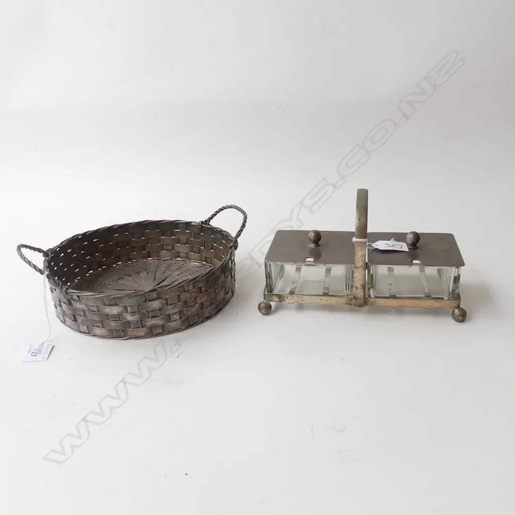 SILVER PLATE LIDDED GLASS JAM DISHES IN HOLDER + SILVER PLATE BASKET (DIA 210MM) Image 1++