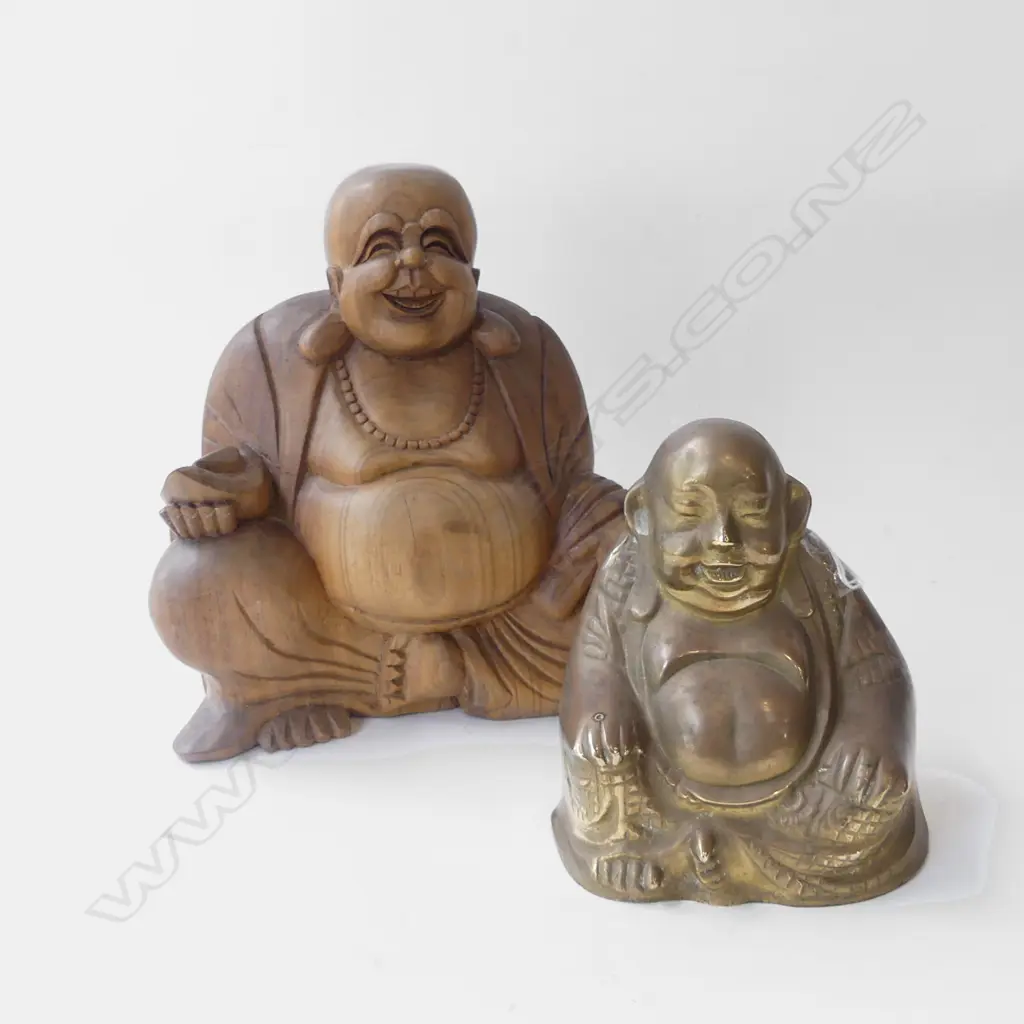 2 LAUGHING BUDDHAS - WOODEN CARVED (H 215MM) & BRASS (H.140MM) Image 1++