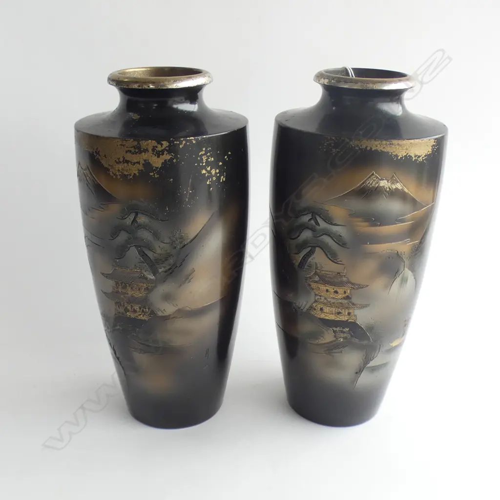 2 x EARLY TO MID 20TH CENTURY LAQUERED BRONZE? JAPANESE VASES H.250mm Image 1++