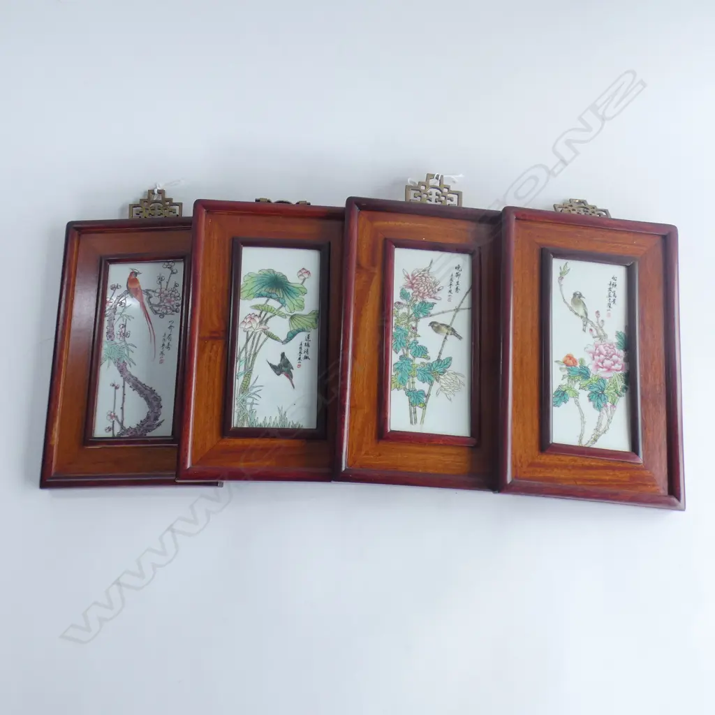 SET OF 4 CHINESE HANDPAINTED BIRD & FLORAL SCENES ON PORCELAIN w. ROSEWOOD FRAMES 165x70mm Image 1++
