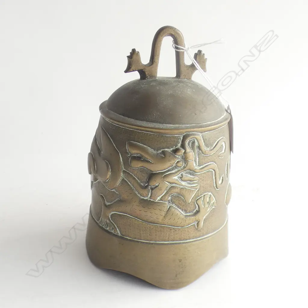 BRONZE DRAGON BELL ON EBONISED CARVED WOODEN ORIENTAL STAND H.450mm Image 1++