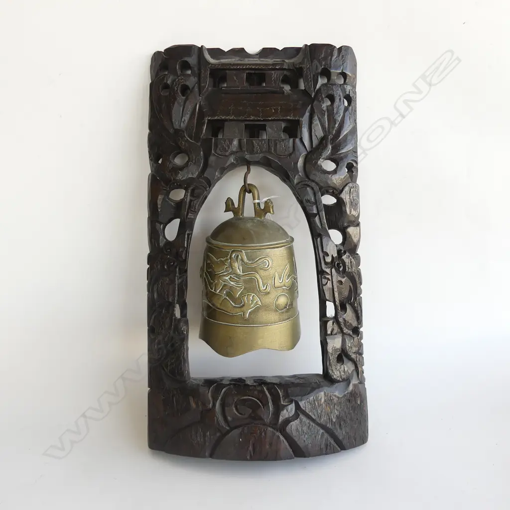 BRONZE DRAGON BELL ON EBONISED CARVED WOODEN ORIENTAL STAND H.450mm Image 1++