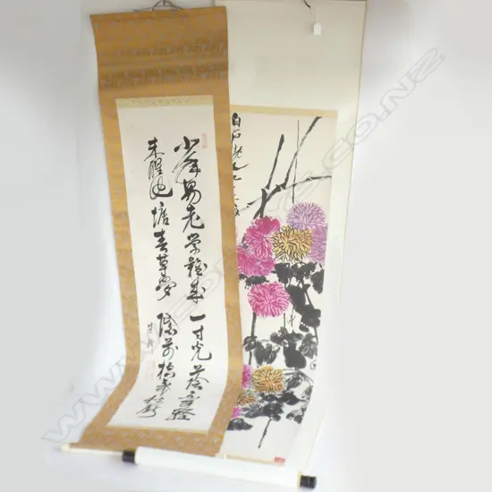 2 ORIENTAL SCROLLS PAINTED W CALLIGRAPHY 1300MM AND CHRYSANTHEMUM