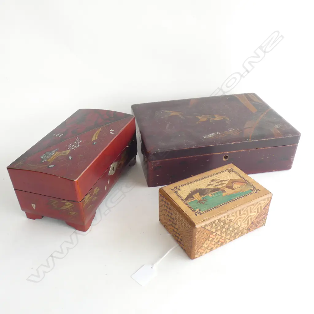 3 VINTAGE JAPANESE BOXES; 2 LACQUER W.305mm Image 1++