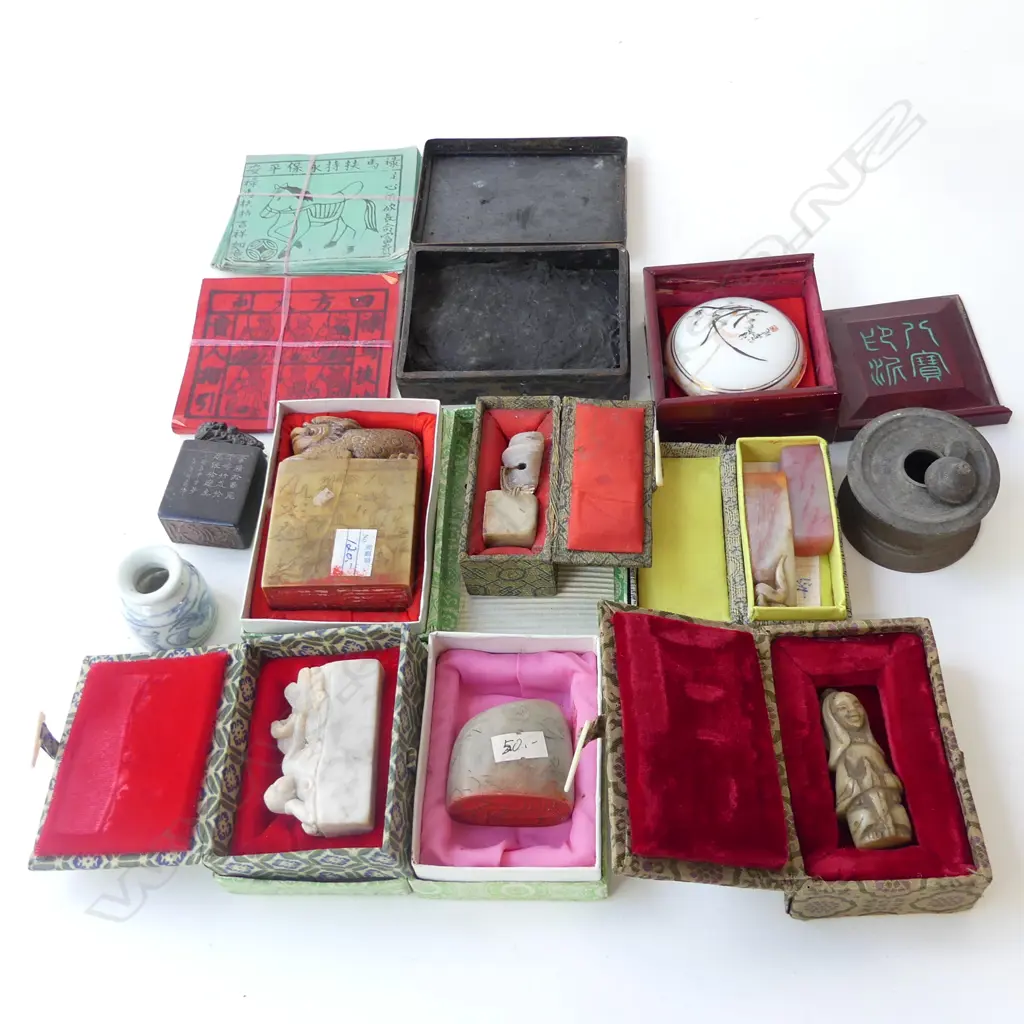 BOX LOT ASST. CHINESE SOAPSTONE CHOPS ETC Image 1++