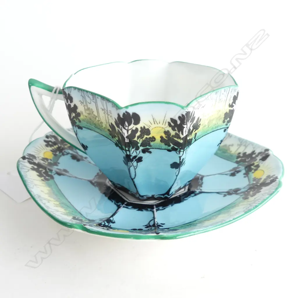 SHELLEY QUEEN ANNE CUP & SAUCER - TREES & SUNSET (BLUE & GREEN) #11514 Image 1++