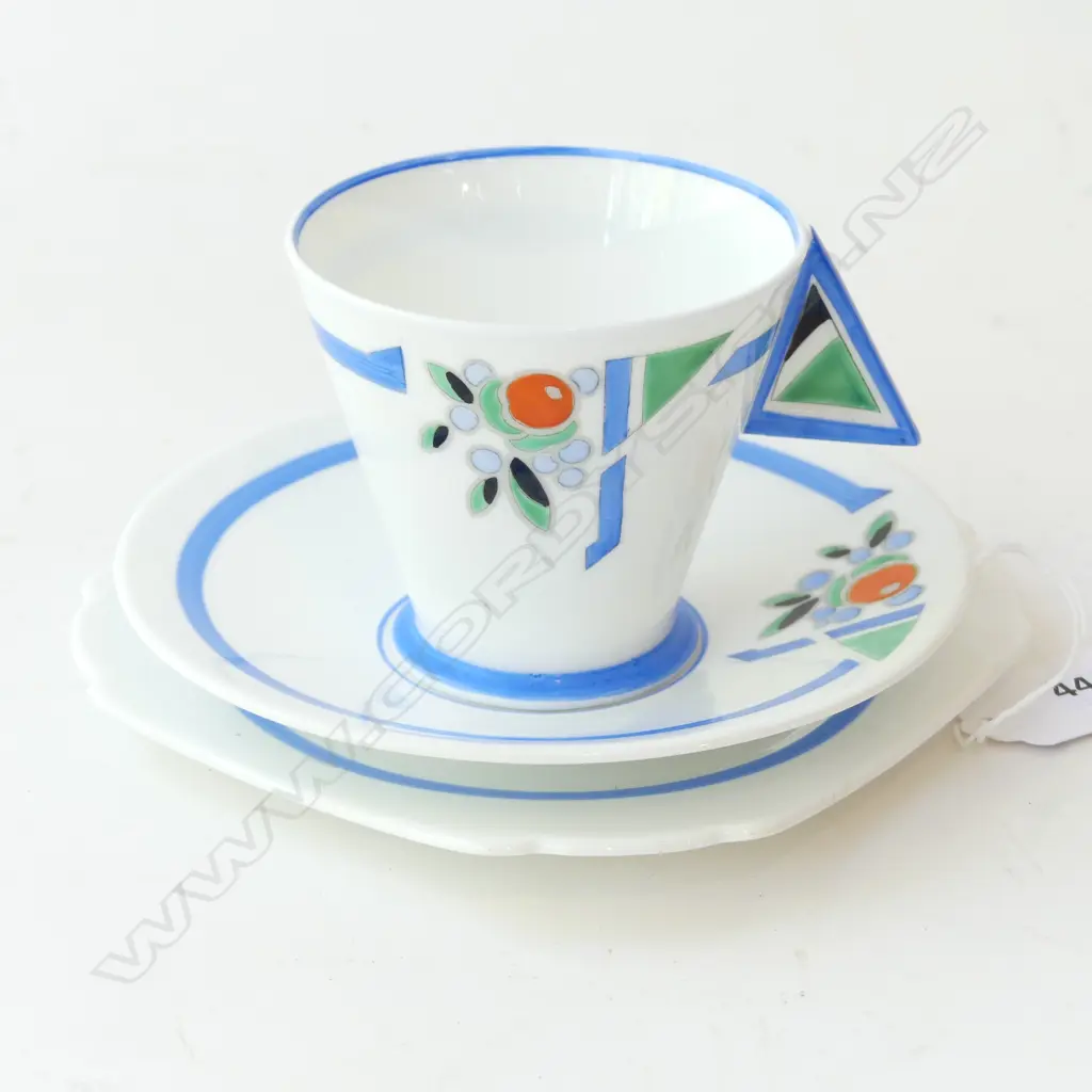 SHELLEY MODE BLUE "J"  ART DECO TRIO WITH SOLID HANDLE #11755 LIGHT CRACK TO PLATE Image 1++