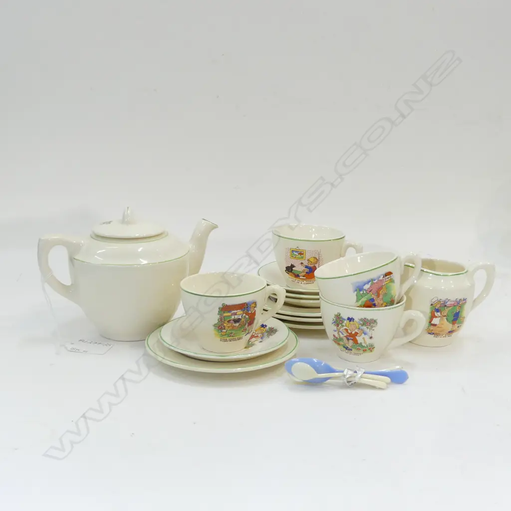 18 PC VINTAGE ENGLISH NURSERY WARE TEASET; TEAPOT, MILK JUG & 4 TRIOS (CHIP TO ONE SAUCER) + 4 SM PLASTIC SPOONS Image 1++