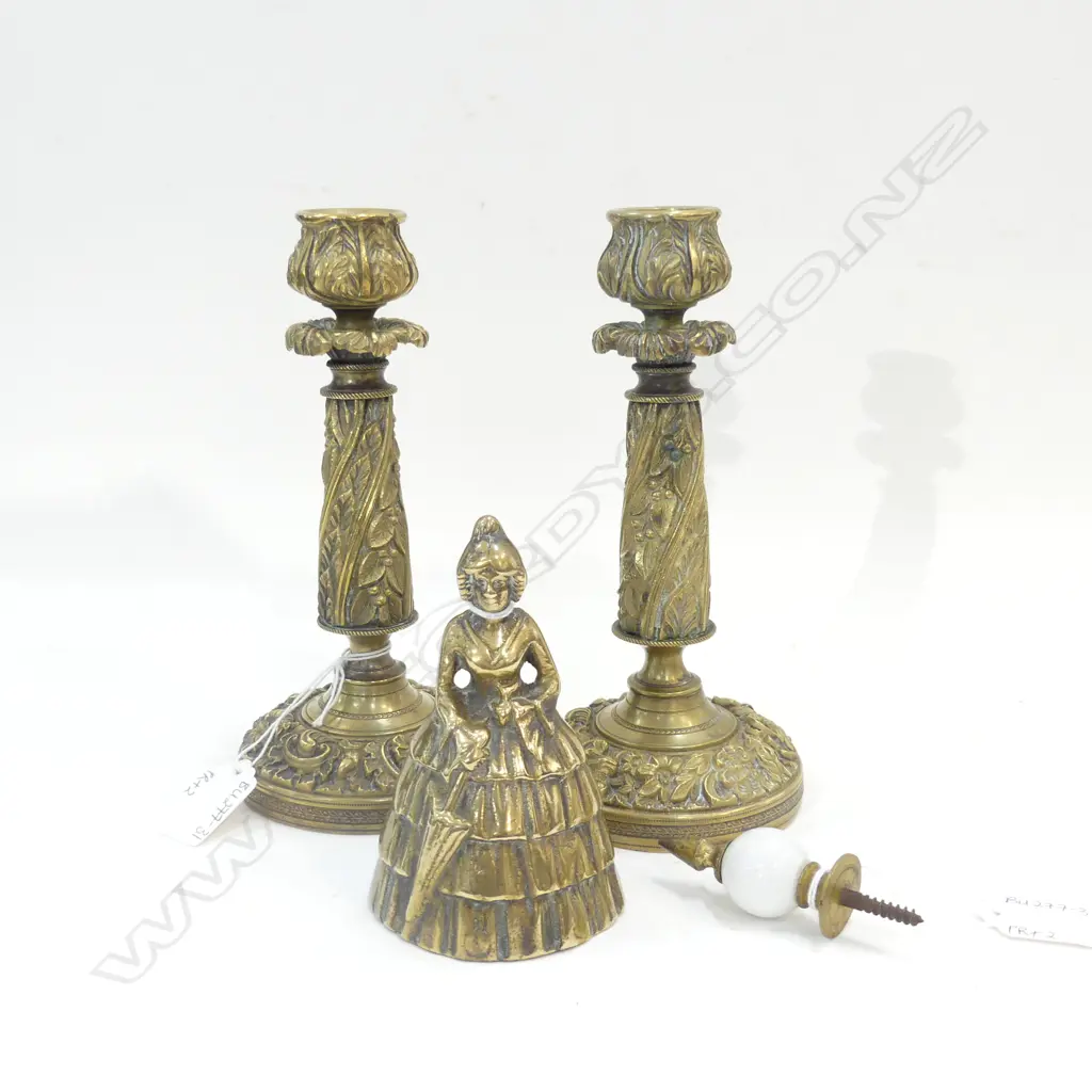 PR HEAVY ORNATE BRASS CANDLE HOLDERS H 190MM + CRINOLINE LADY BRASS BELL (H115MM) + DRAWER KNOB Image 1++