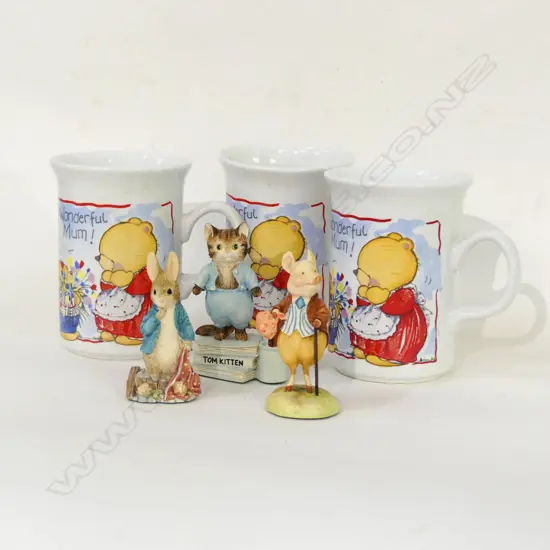 3 BEATRIX POTTER FIGURINES; PETER RABBIT / PIGLING ISLAND & TALE OF TOM KITTEN + 3 BOX ANDREW BROWNSWORD MUGS (ALL BOXED