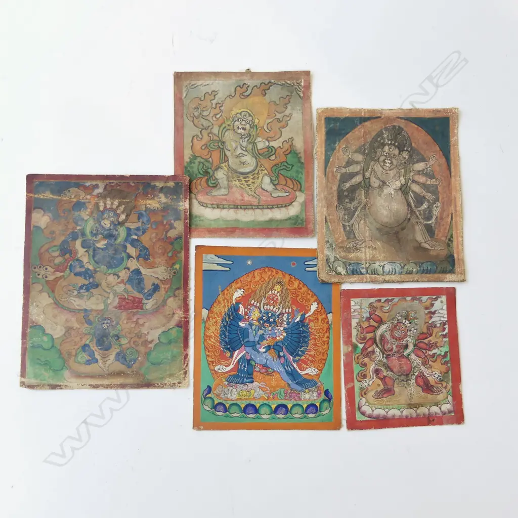 5 MINIATURE TIBETAN THANGKA PAINTINGS largest 120x90mm Image 1++