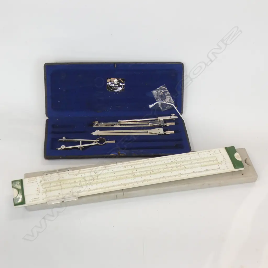 FABER CASTELL;  VINTAGE COMPASS IN BOX + 52/82 SLIDE RULE IN ORIGINAL BOX Image 1++