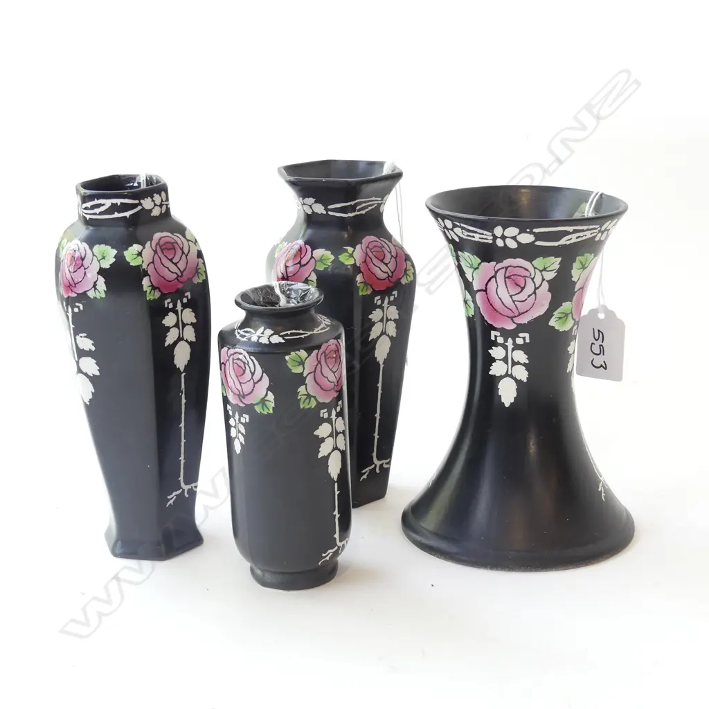 4 SHELLEY ART NOUVEAU BLACK VASES - PINK & WHITE FLOWERS - LARGEST H 170MM Image 1++