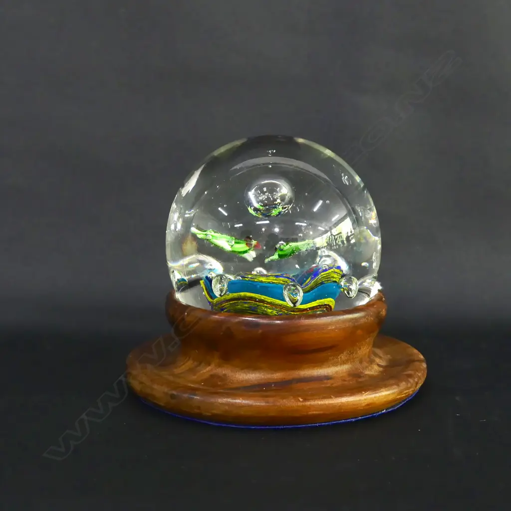 SIGNED GLASS PAPERWEIGHT WITH FROGS - COMES WITH WOODEN SEAT Image 1++