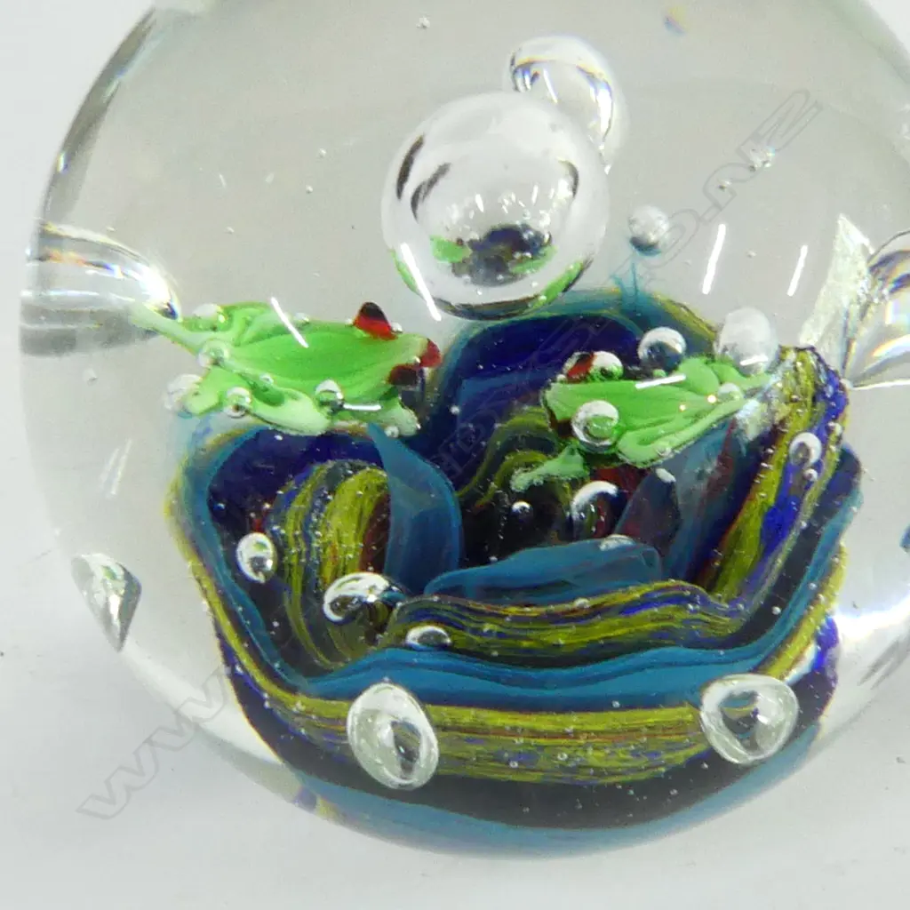 SIGNED GLASS PAPERWEIGHT WITH FROGS - COMES WITH WOODEN SEAT Image 1++