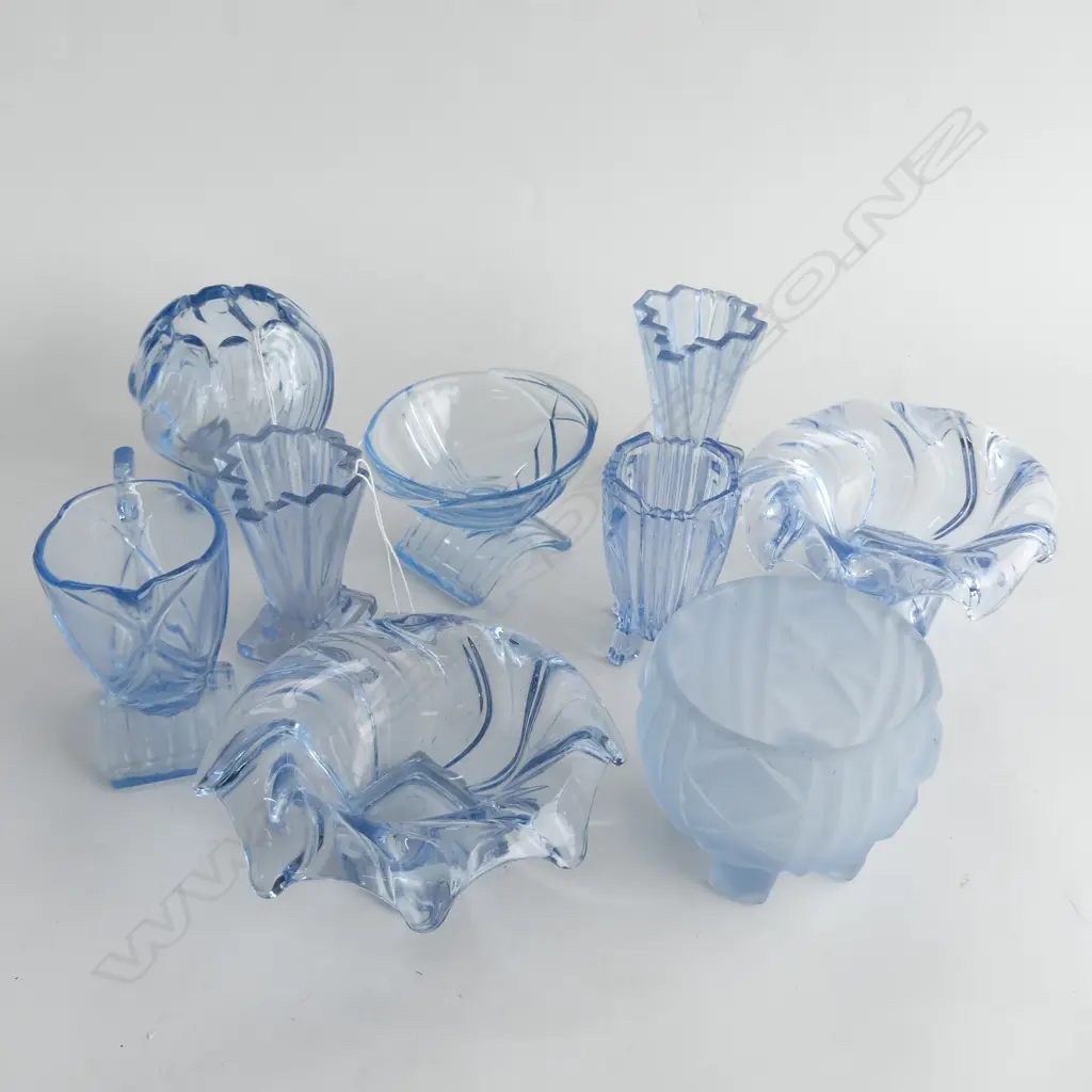ART DECO BLUE GLASS; PR STEPPED VASES (H 100MM) + 3 OTHERS, JUG & SUGAR BOWL, 2 CANDY BOWLS OR FLOAT VASES (DIA 165MM) Image 1++