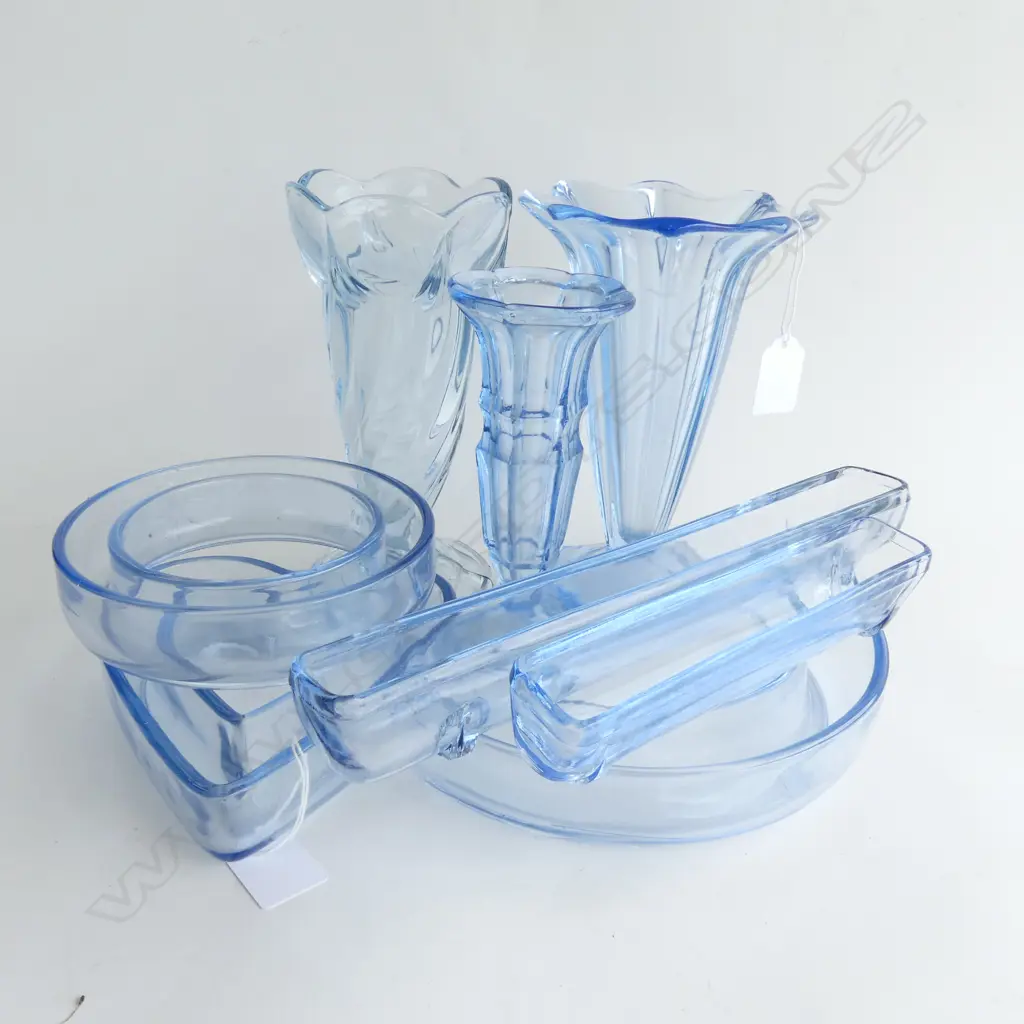 BLUE DEPRESSION GLASS; 5 TROUGH VASES INCL HEART & HORSESHOE SHAPES + 3 TALL VASES LARGEST H 195M Image 1++