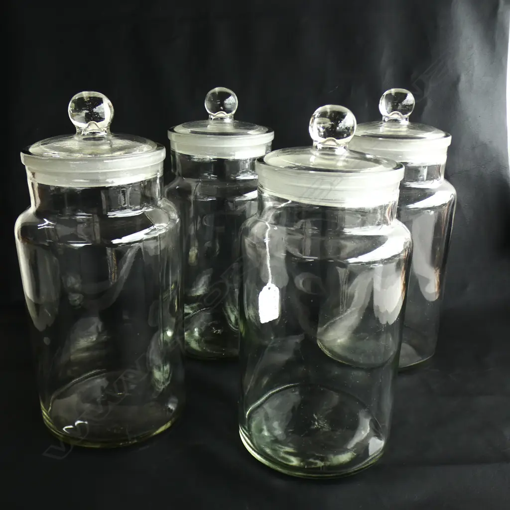4 LARGE VINTAGE GLASS LIDDED CANDY JARS H.280mm Image 1++