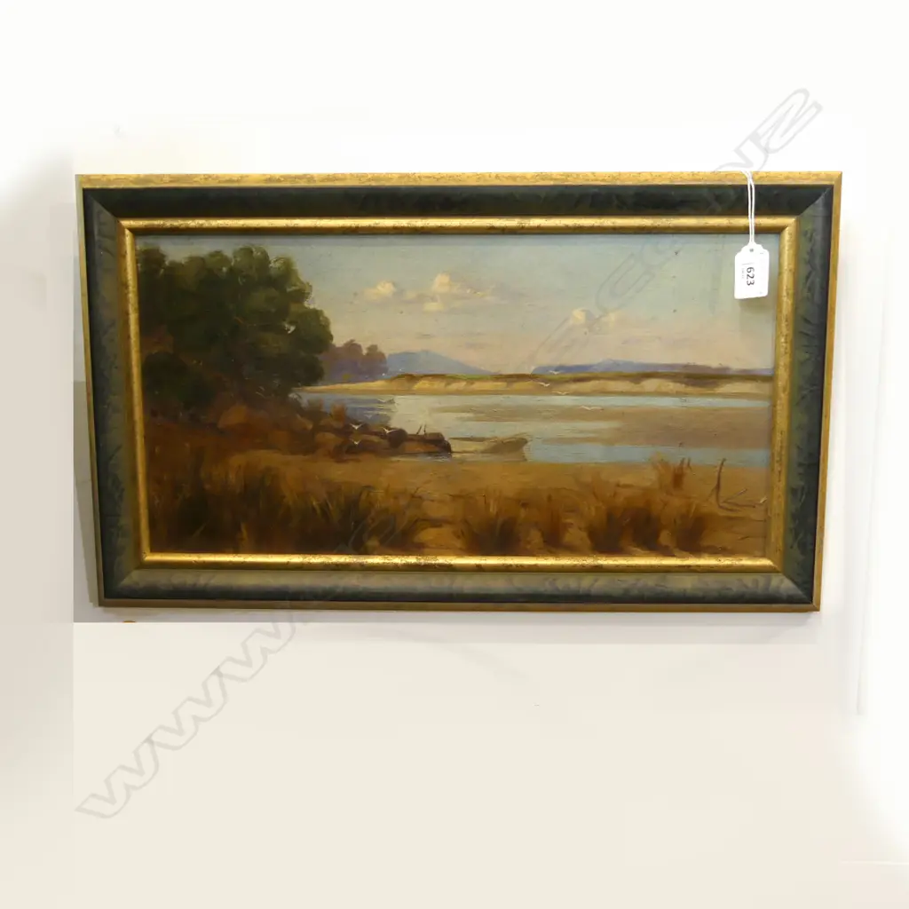 ANTIQUE OIL PAINTING - RANGITOTO? BEACH SCENE 230 x 440mm Image 1++