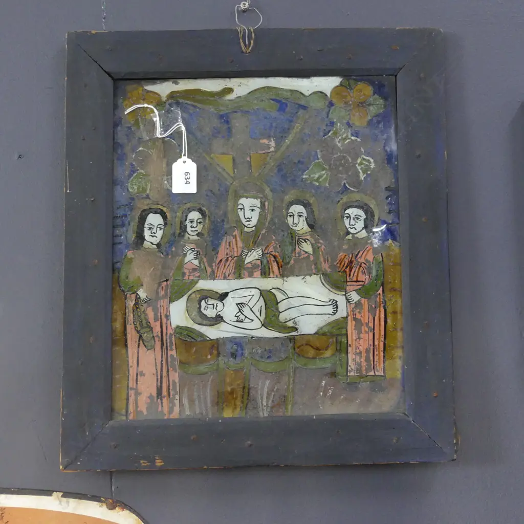 EASTERN EUROPEAN REVERSE GLASS PAINTED RELIGIOUS SCENE 340x290mm Image 1++