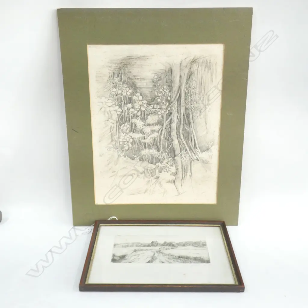 TWO ARTWORKS; 1 MOUNTED (260 X 330MM) + 1 FRAMED (180 X 90MM) BY MAY HARDCASTLE SMITH Image 1++