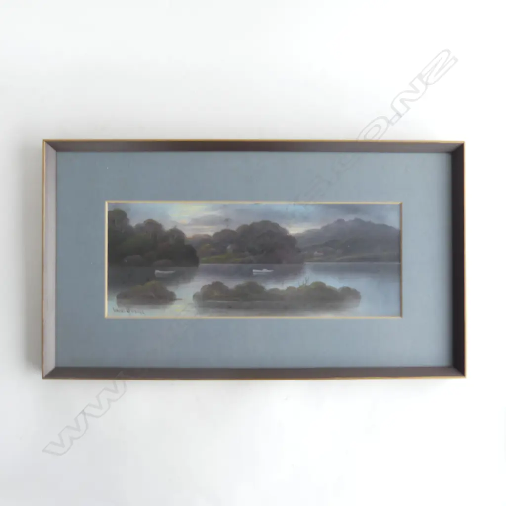 (20321) CHAS YOUNG C. 1900 PASTEL ON CARD ORIGINAL 'MOONLIGHT ON SHOAL BAY - AUCKLAND HARBOUR'  H. 135mm x  W. 335mm Image 1++
