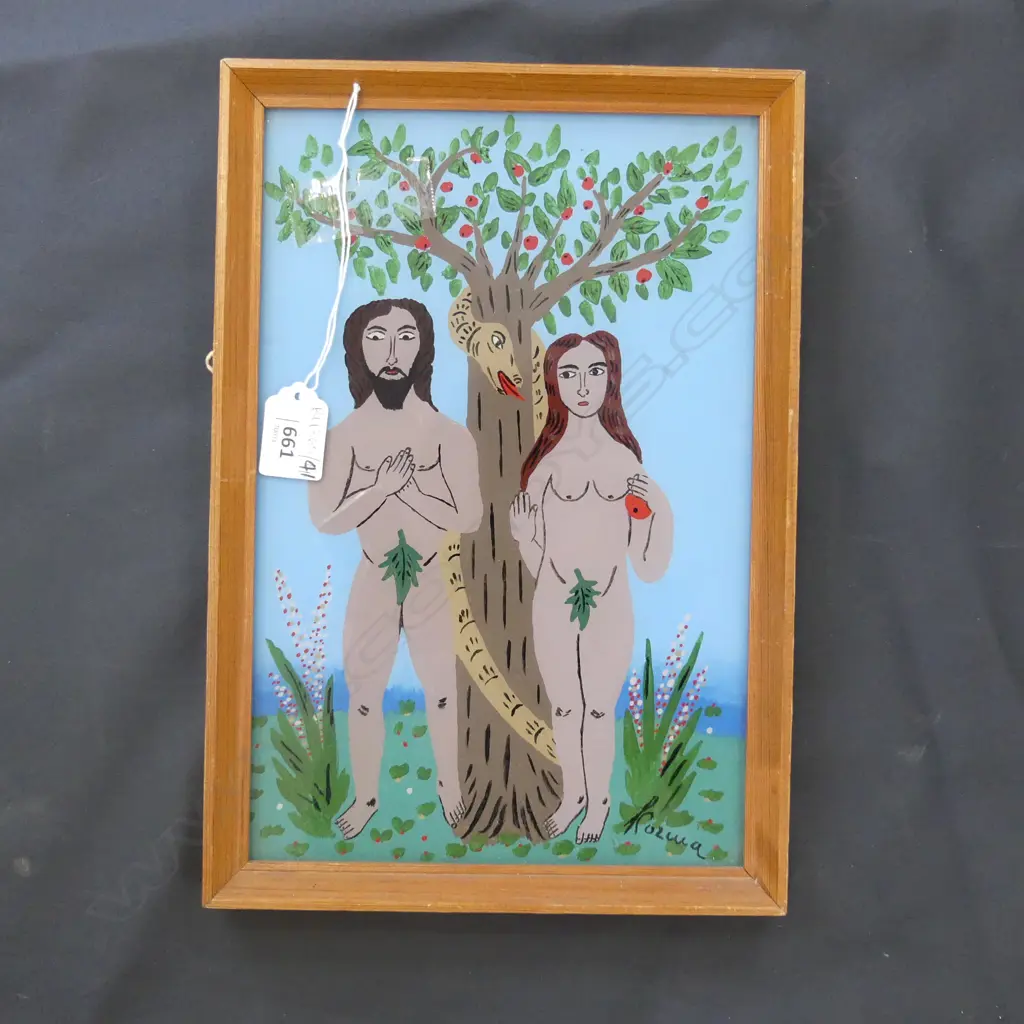 KOZMA JANOS ADAM & EVE REVERSE PAINTED GLASS 290x190mm Image 1++