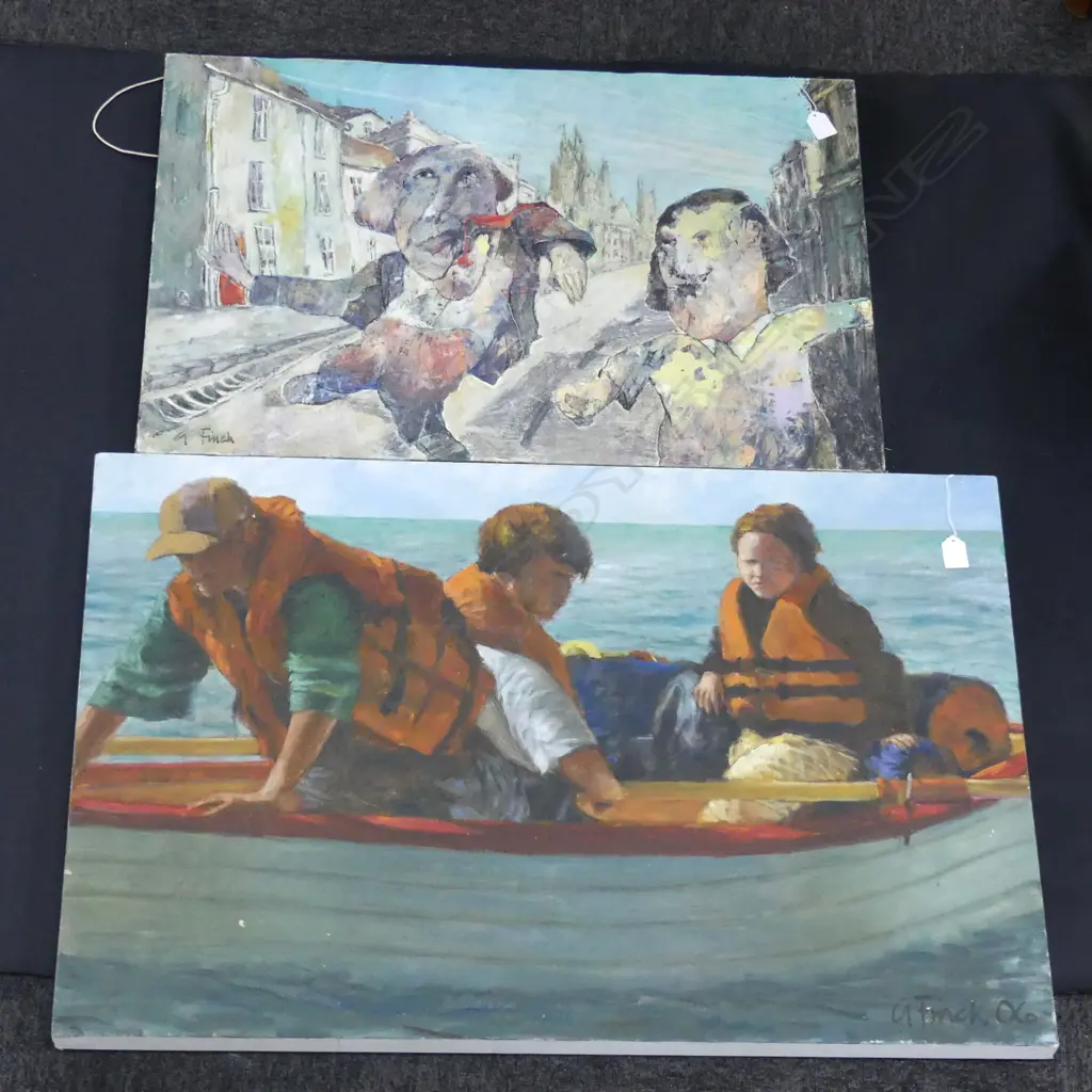 2 G FINCH OIL ON CANVAS - DOGS & BOAT SIGNED LARGEST 915 X 580MM Image 1++