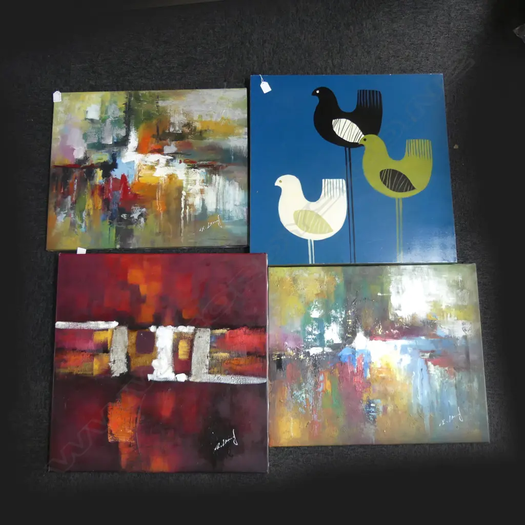 4 UNFRAMED SIGNED ABSTARCT ACYLIC ARTWORKS; BIRDS 600x600 ETC Image 1++