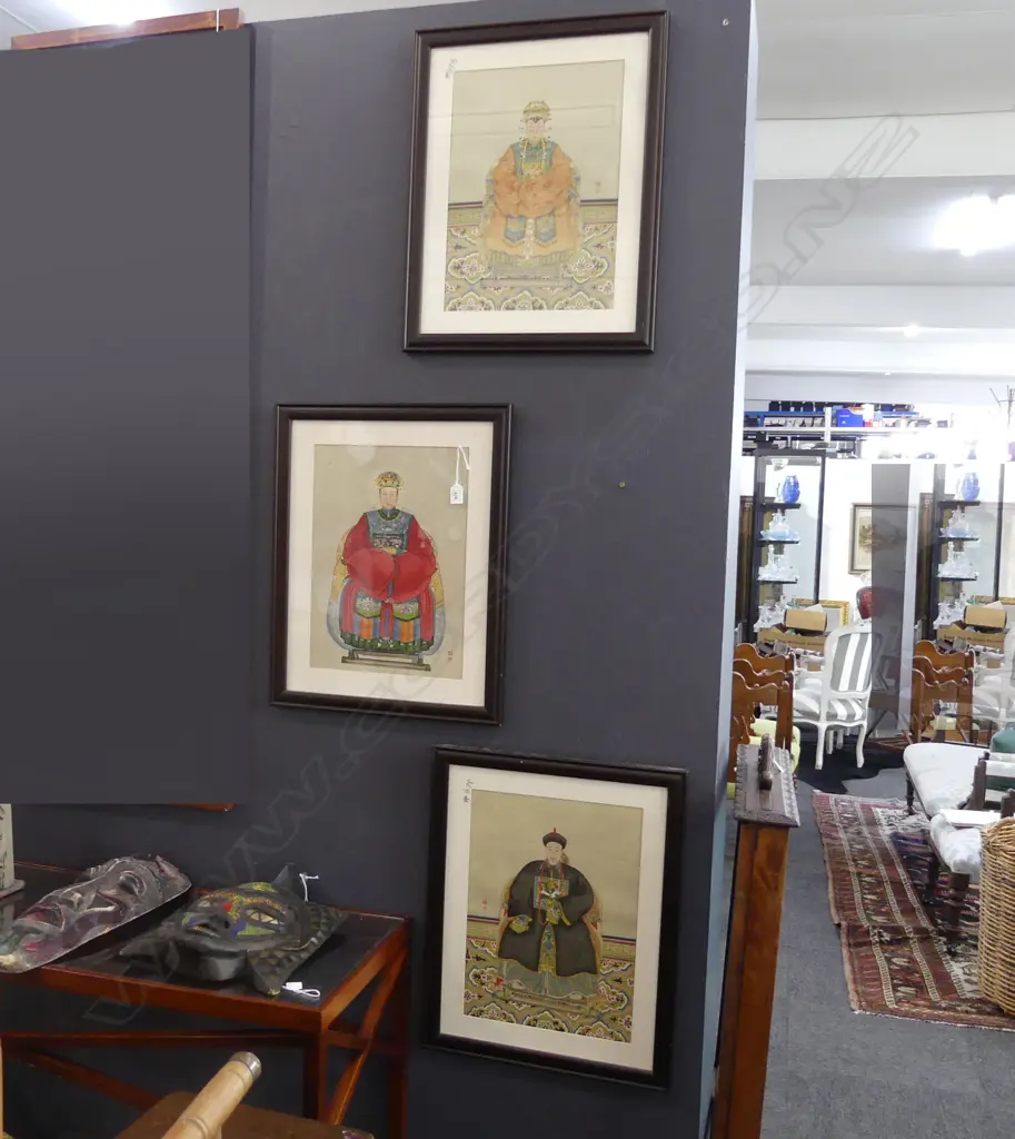 3 CHINESE ANCESTOR PORTRAIT PAINTINGS, FRAMED 425 x 300mm (image) Image 1++