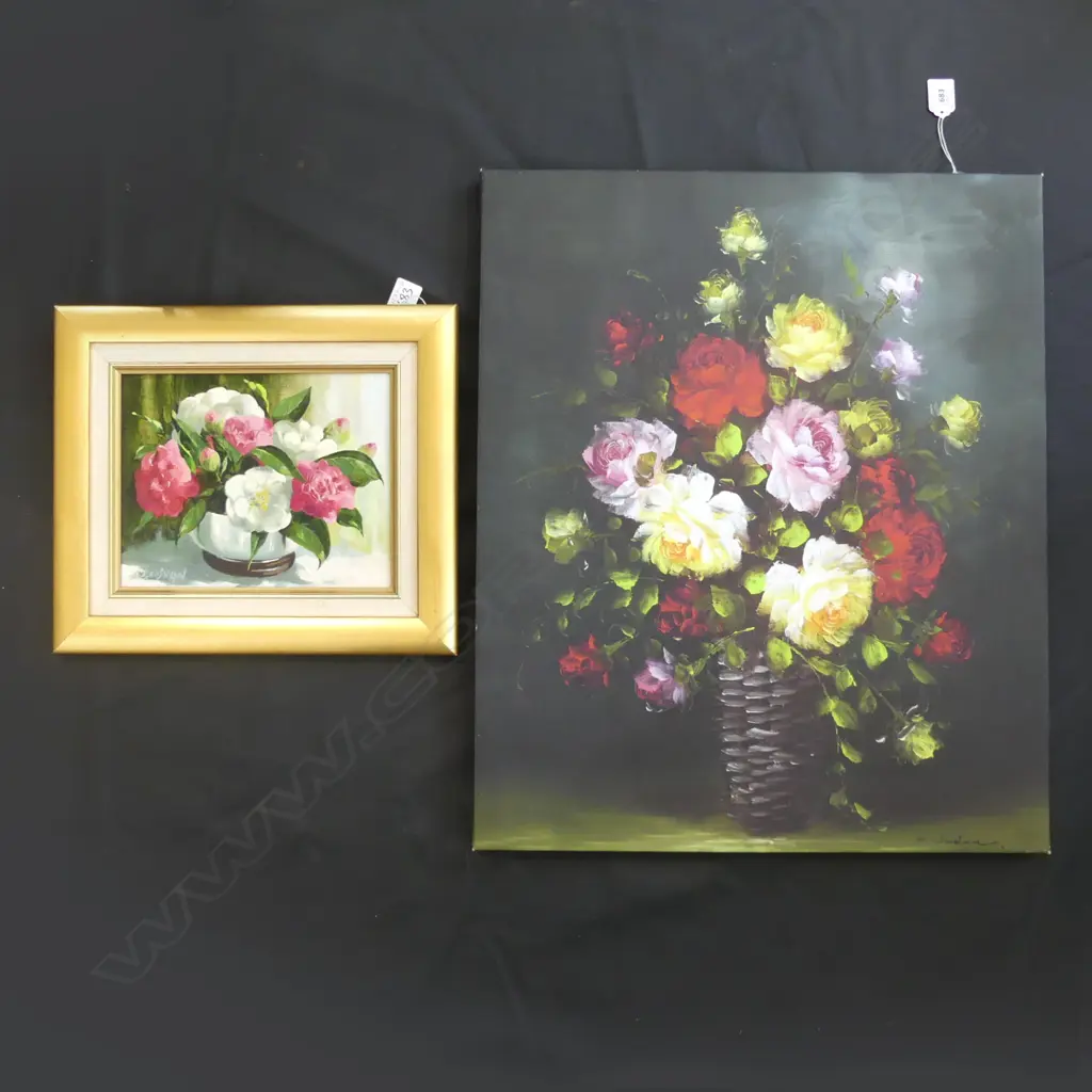 2 STILL LIFE FLOWER PAINTINGS - OIL ON CANVAS (500 X 600MM) & FRAMED OIL ON BOARD  (240 X 190MM) BOTH SIGNED Image 1++